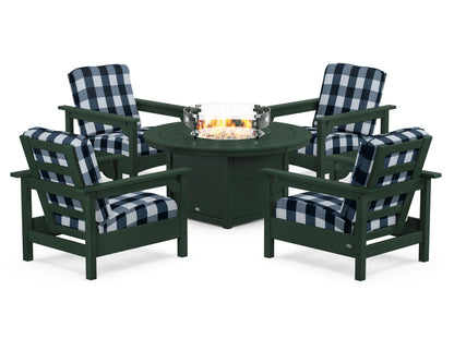 POLYWOOD® Club 5-Piece Conversation Set with Fire Pit Table in Green / Buffalo Plaid Marine Indigo