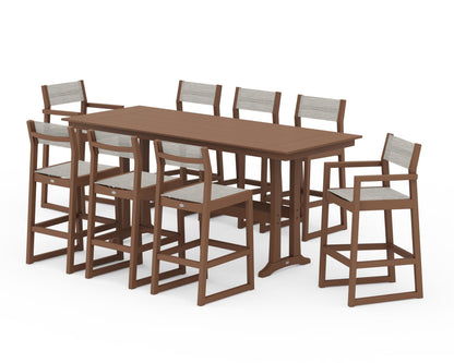 POLYWOOD® EDGE Sling 9-Piece Farmhouse Bar Set with Trestle Legs in Teak / Birch Sling