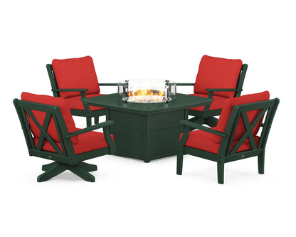 POLYWOOD® Braxton 5-Piece Deep Seating Set with Fire Table in Green / Crimson Linen