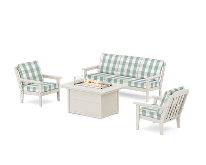 Country Living Cottage Deep Seating Fire Pit Table Set in Sand / Buffalo Plaid Glacier Spa