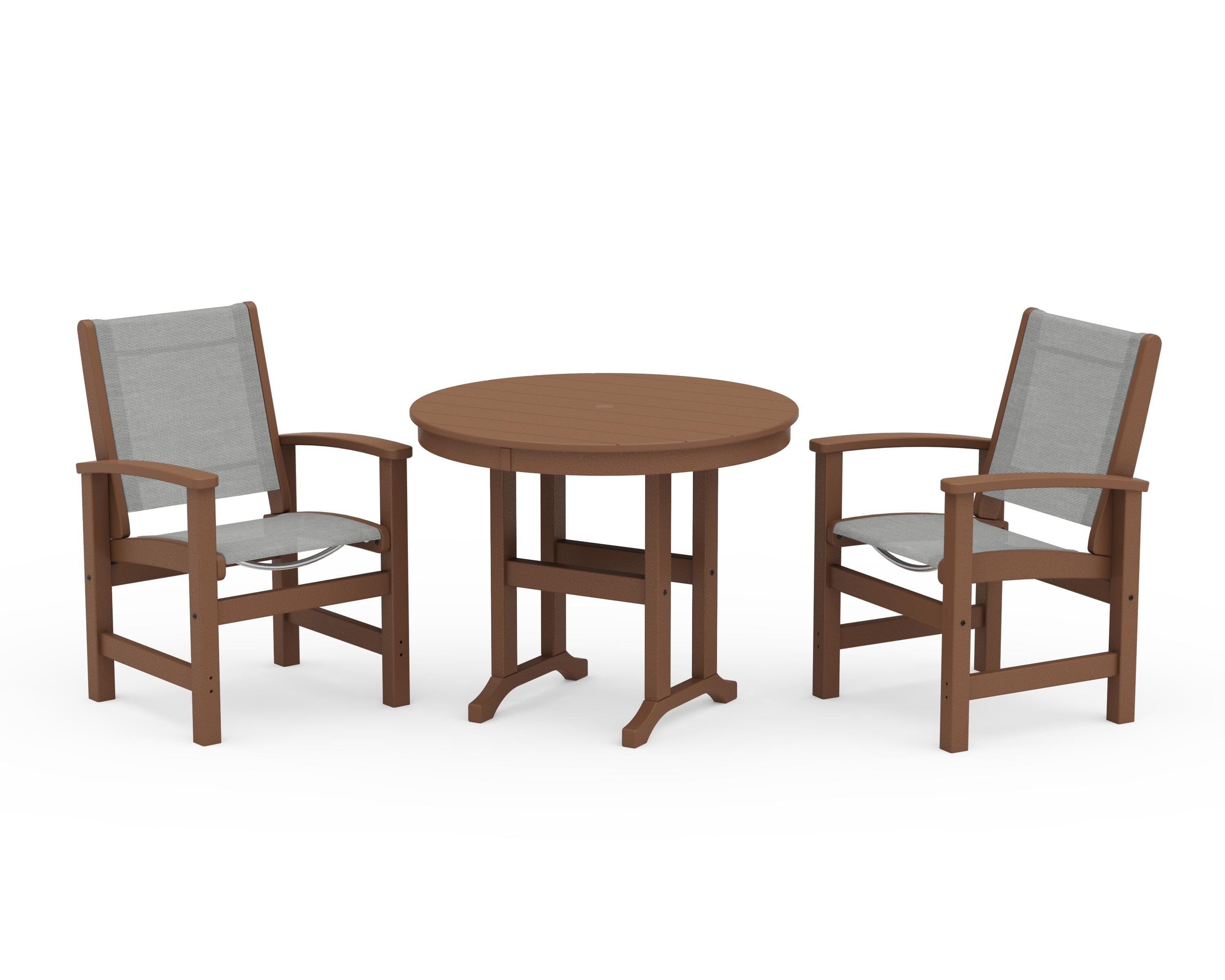 POLYWOOD® Coastal 3-Piece Round Dining Set in Teak / Metallic Sling