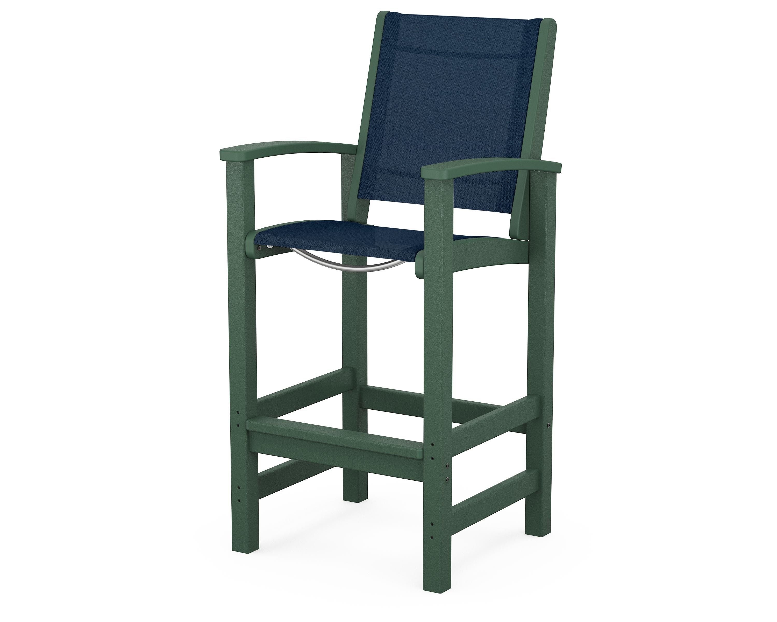 POLYWOOD® Coastal Bar Chair in Green / Navy Blue Sling