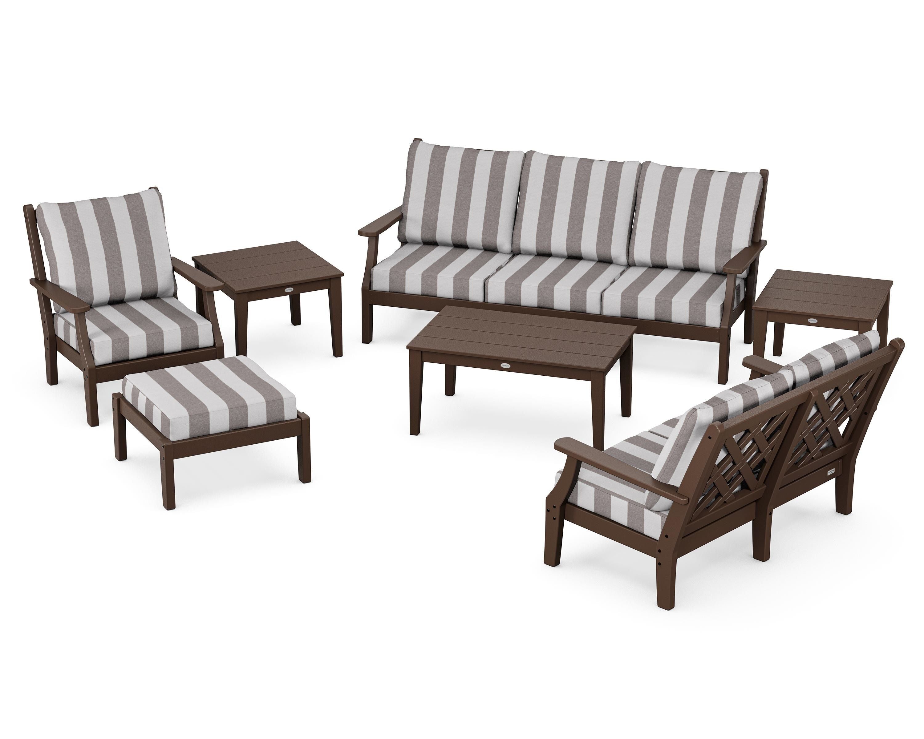 Country Living Wovendale 7-Piece Deep Seating Set in Mahogany / Cabana Stripe Grey Mist