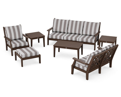 Country Living Wovendale 7-Piece Deep Seating Set in Mahogany / Cabana Stripe Grey Mist