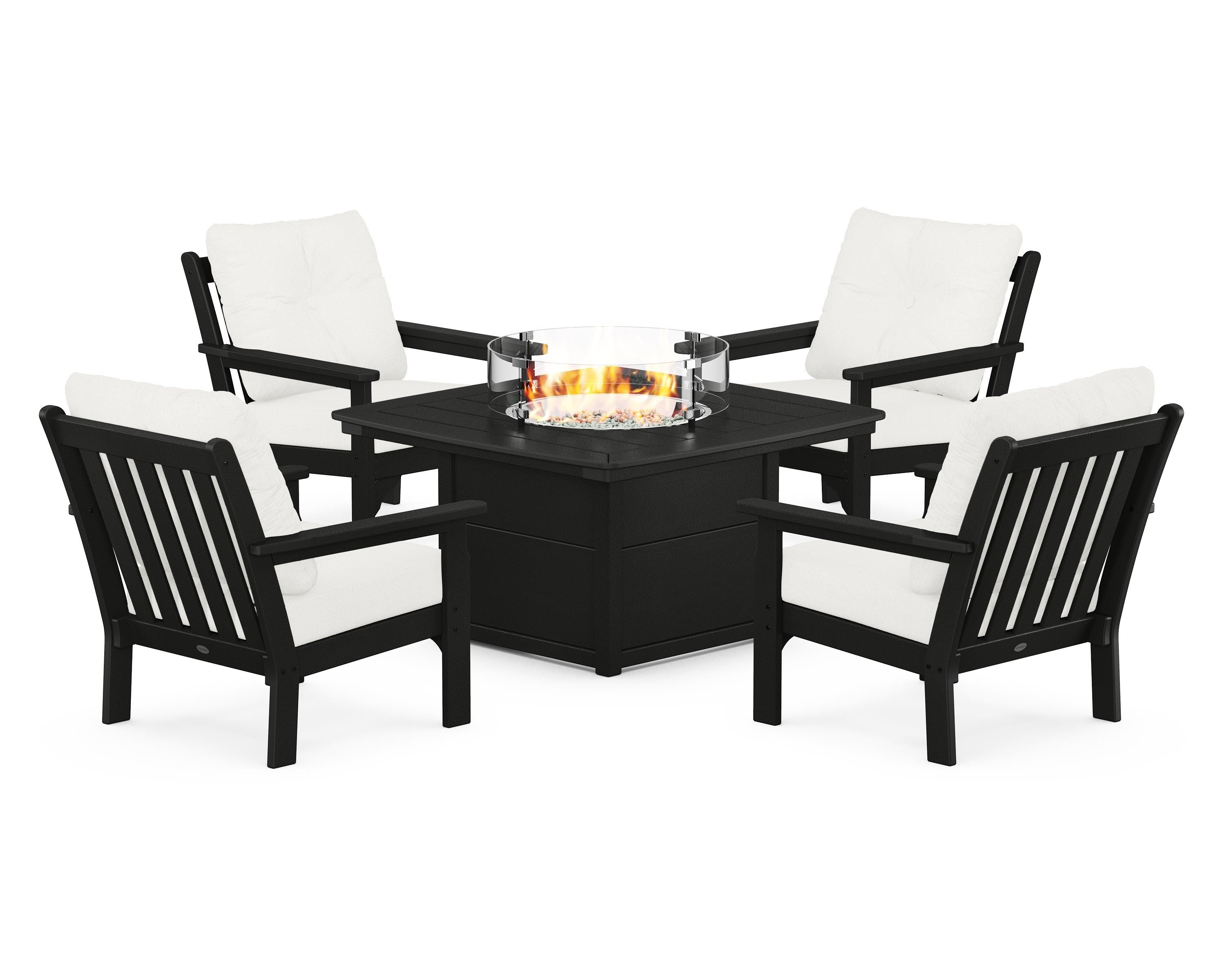 POLYWOOD® Vineyard 5-Piece Conversation Set with Fire Pit Table in Black / Natural Linen