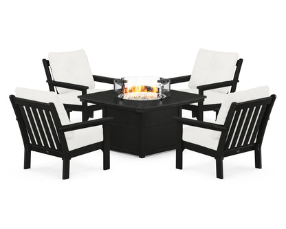 POLYWOOD® Vineyard 5-Piece Conversation Set with Fire Pit Table in Black / Natural Linen