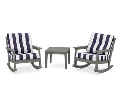 POLYWOOD® Vineyard 3-Piece Deep Seating Rocker Set in Slate Grey / Cabana Stripe Navy