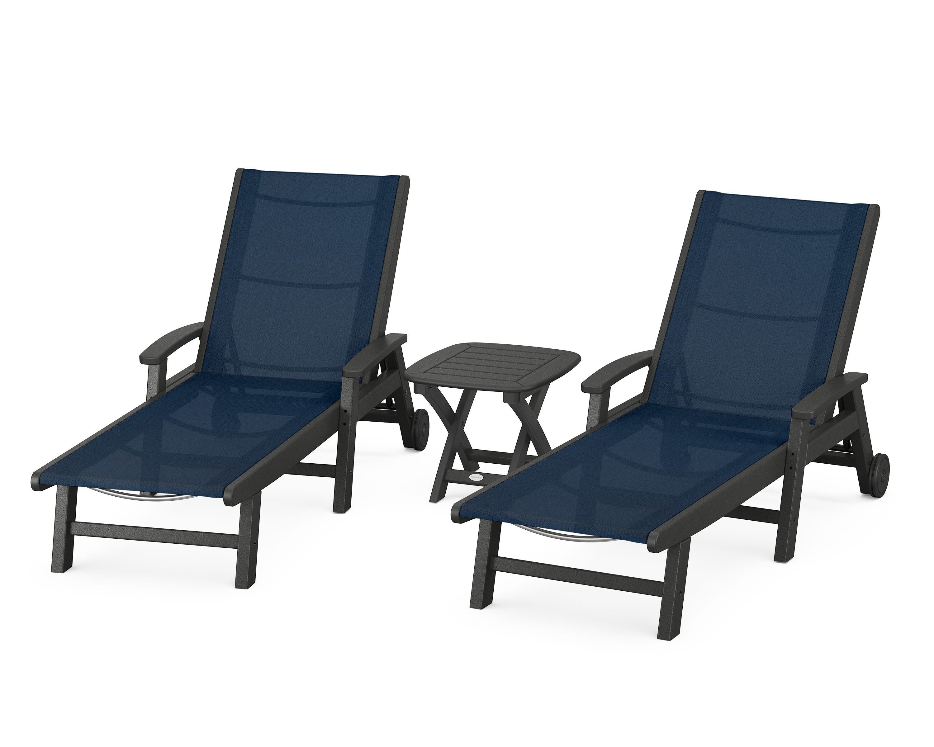 POLYWOOD® Coastal 3-Piece Wheeled Chaise Set in Black / Navy Blue Sling