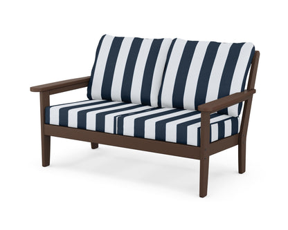 Country Living Cottage Deep Seating Loveseat in Mahogany / Cabana Stripe Marine Indigo