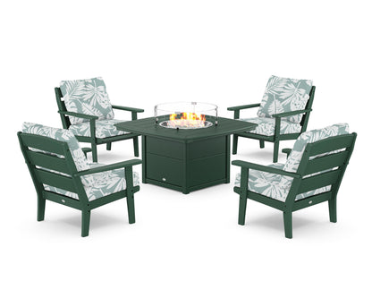 POLYWOOD® Lakeside 5-Piece Deep Seating Set with Nautical Fire Pit Table in Green / Leaf Glacier Spa