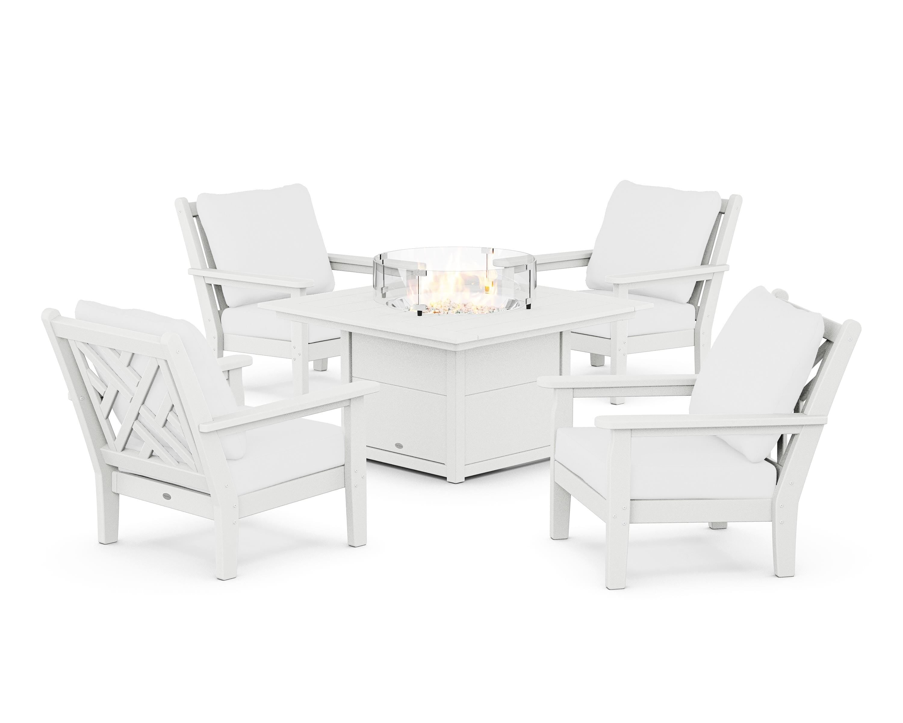 POLYWOOD® Chippendale 5-Piece Deep Seating Set with Fire Pit Table in White / Natural