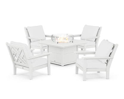 POLYWOOD® Chippendale 5-Piece Deep Seating Set with Fire Pit Table in White / Natural