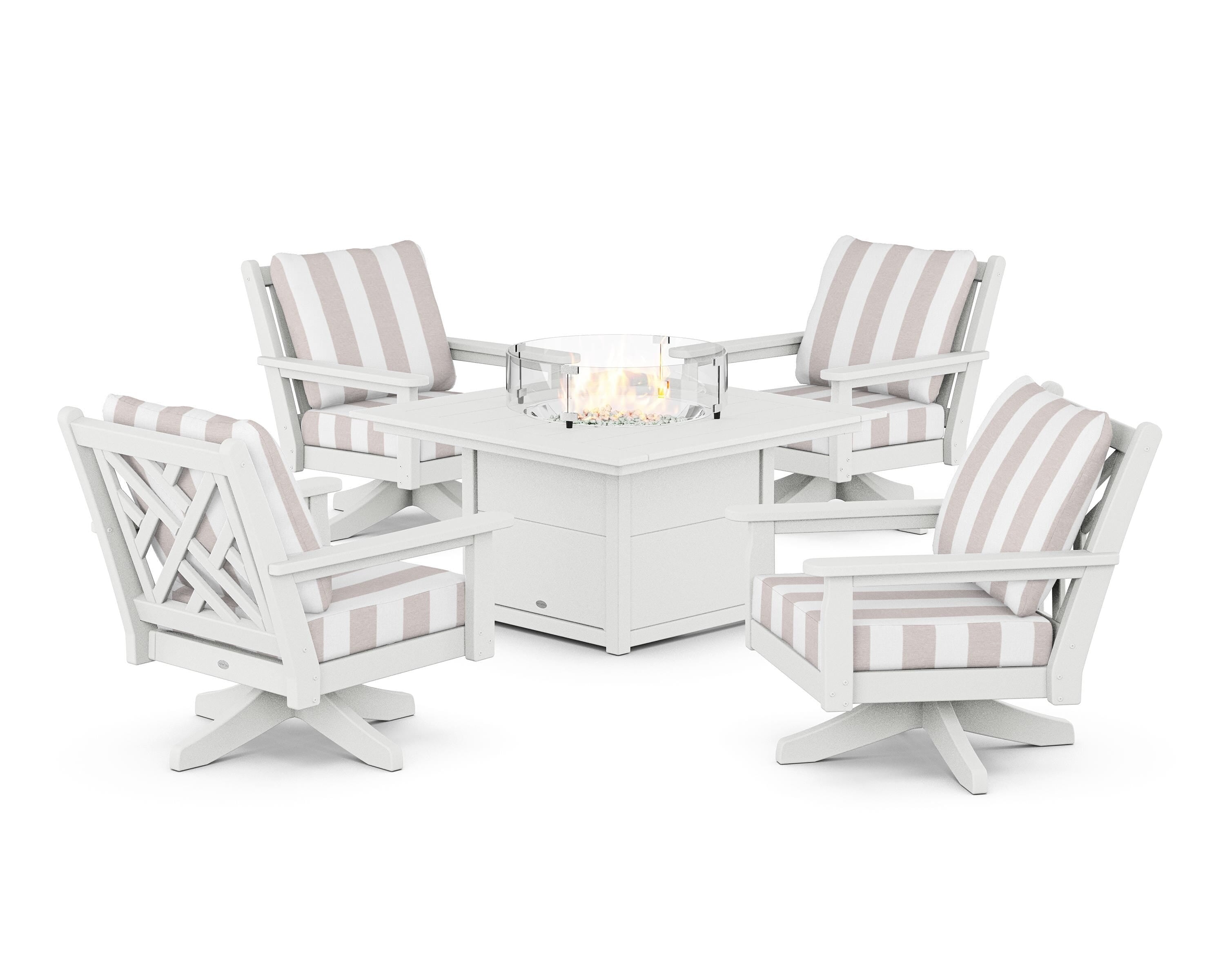 POLYWOOD® Chippendale 5-Piece Deep Seating Swivel Conversation Set with Fire Pit Table in White / Cabana Stripe Dune Burlap