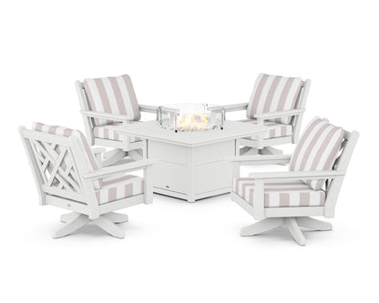 POLYWOOD® Chippendale 5-Piece Deep Seating Swivel Conversation Set with Fire Pit Table in White / Cabana Stripe Dune Burlap
