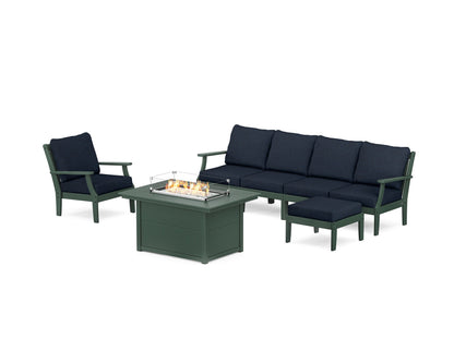 POLYWOOD® Braxton Sectional Lounge and Fire Pit Set in Green / Marine Indigo