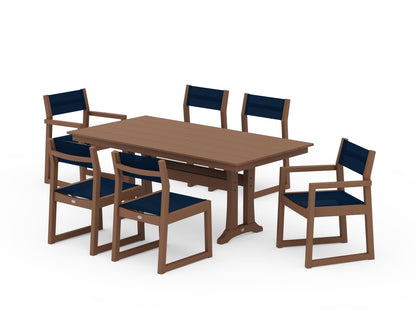 POLYWOOD® EDGE Sling 7-Piece Farmhouse Trestle Dining Set in Teak / Navy Blue Sling