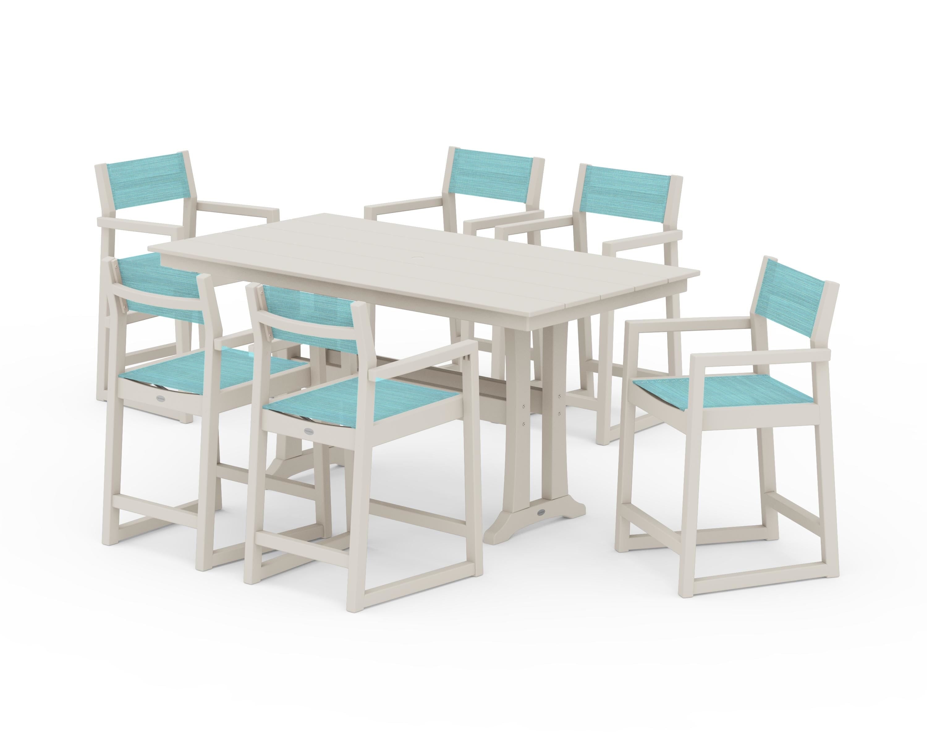 POLYWOOD® EDGE Sling Arm Chair 7-Piece Farmhouse Counter Set with Trestle Legs in Sand / Dupioni Aquamarine Sling