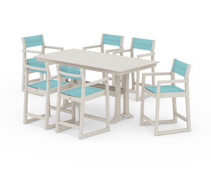 POLYWOOD® EDGE Sling Arm Chair 7-Piece Farmhouse Counter Set with Trestle Legs in Sand / Dupioni Aquamarine Sling