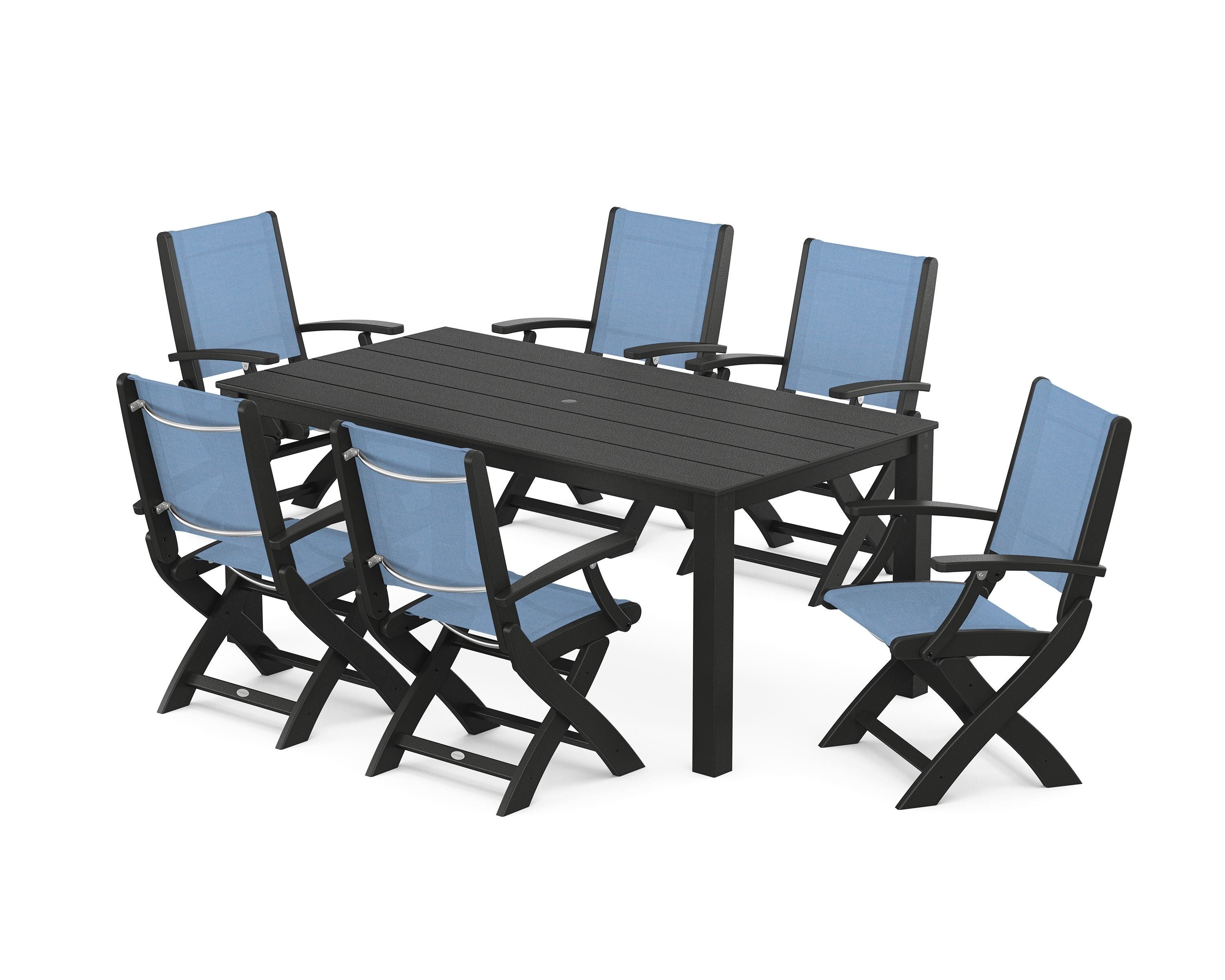 POLYWOOD® Coastal Folding Chair 7-Piece Parsons Dining Set in Black / Poolside Sling