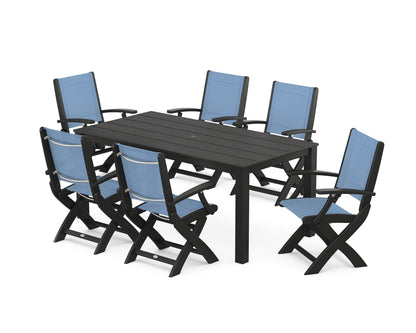POLYWOOD® Coastal Folding Chair 7-Piece Parsons Dining Set in Black / Poolside Sling