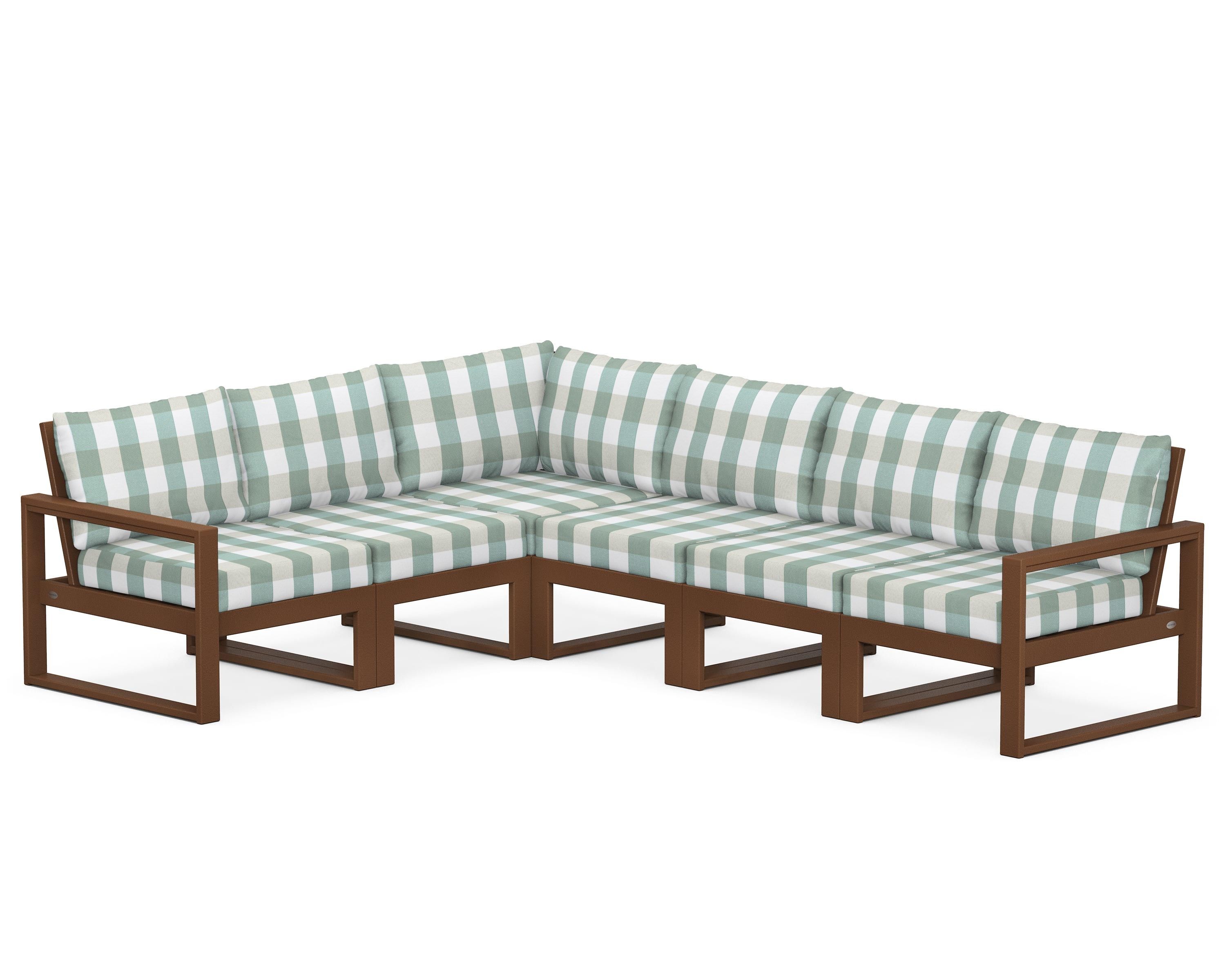 POLYWOOD® EDGE 6-Piece Modular Deep Seating Set in Teak / Buffalo Plaid Glacier Spa