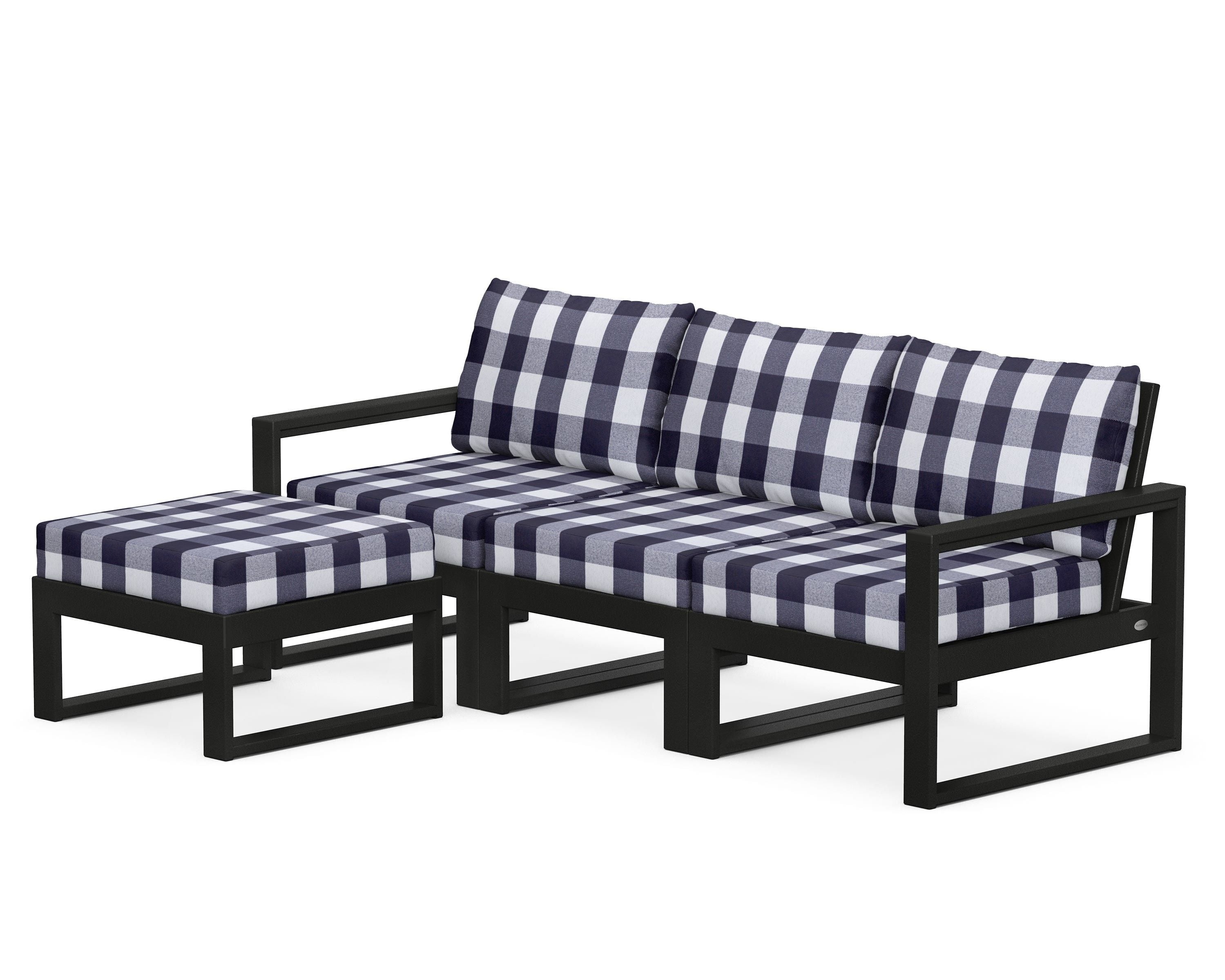 POLYWOOD® EDGE 4-Piece Modular Deep Seating Set with Ottoman in Black / Buffalo Plaid Navy
