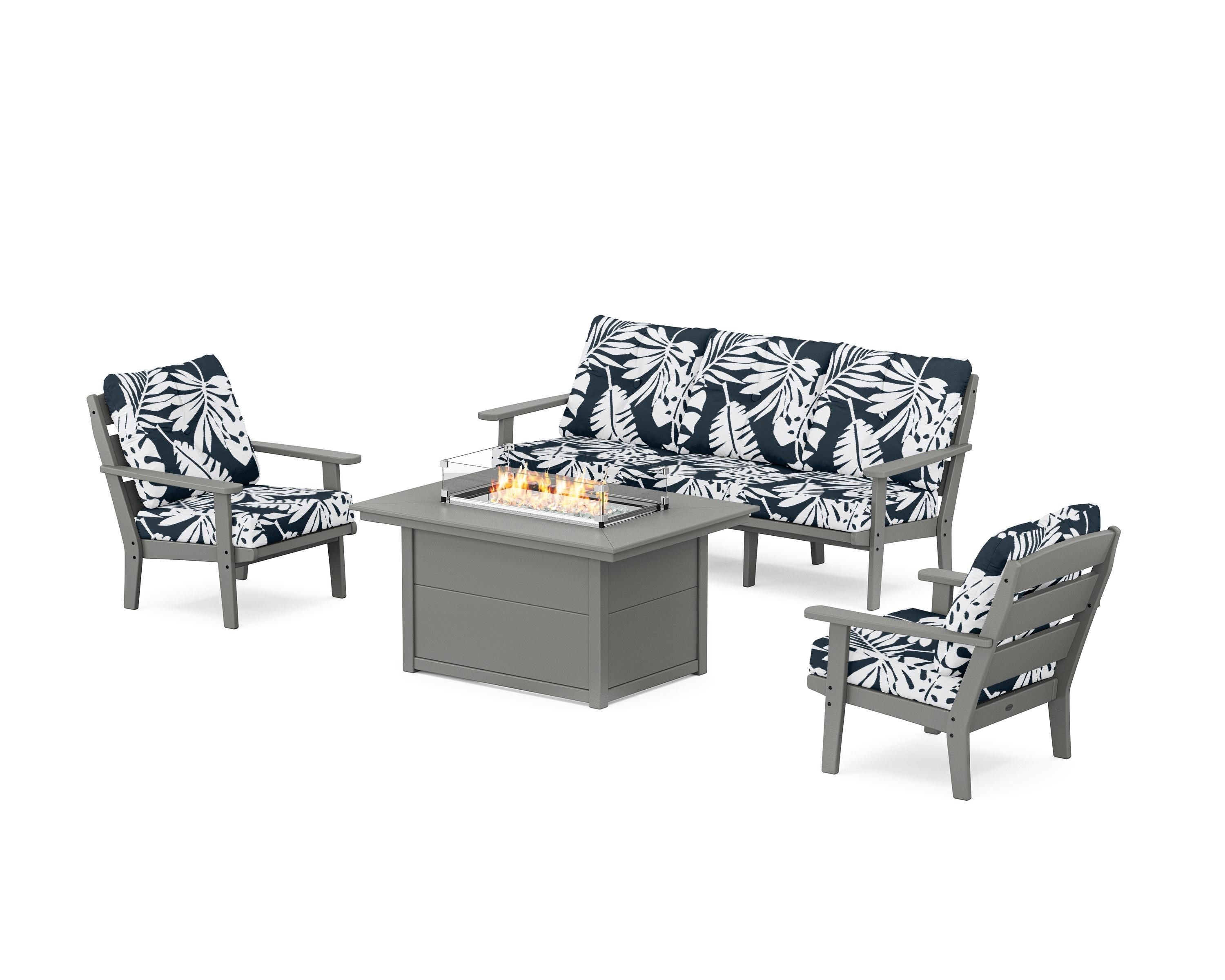 POLYWOOD® Lakeside Deep Seating Fire Pit Table Set in Slate Grey / Leaf Marine Indigo