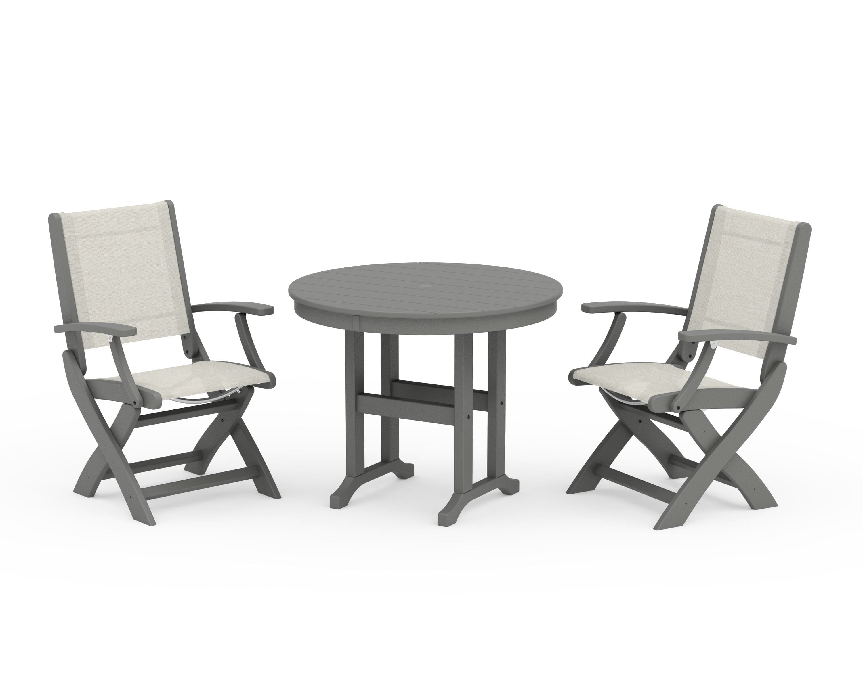 POLYWOOD® Coastal Folding Chair 3-Piece Round Dining Set in Slate Grey / Parchment Sling