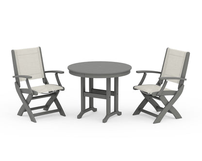 POLYWOOD® Coastal Folding Chair 3-Piece Round Dining Set in Slate Grey / Parchment Sling