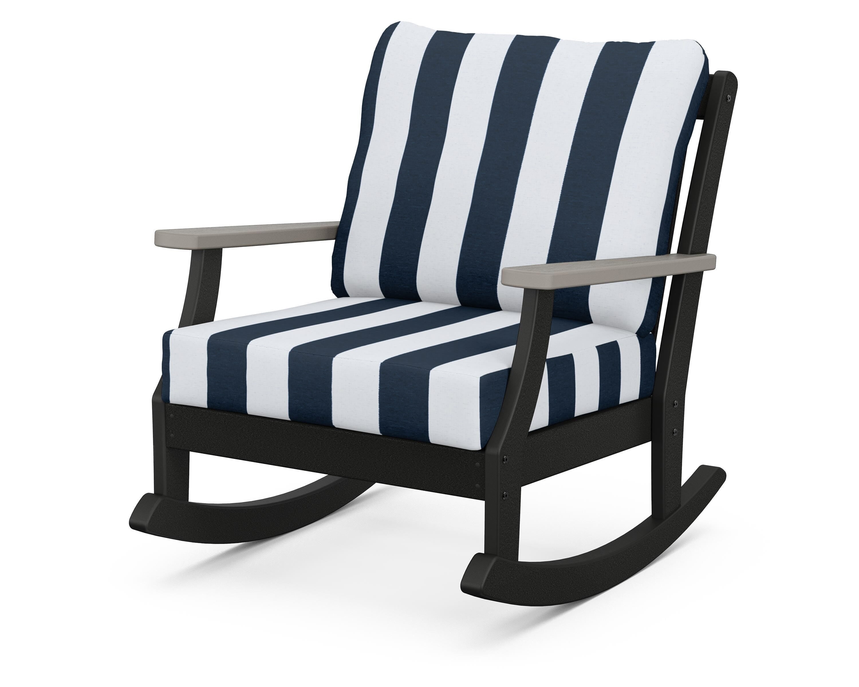 POLYWOOD® Braxton Deep Seating Rocking Chair in Black / Driftwood / Cabana Stripe Marine Indigo