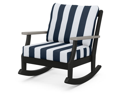 POLYWOOD® Braxton Deep Seating Rocking Chair in Black / Driftwood / Cabana Stripe Marine Indigo