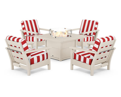 POLYWOOD® Harbour 5-Piece Conversation Set with Fire Pit Table in Sand / Cabana Stripe Crimson