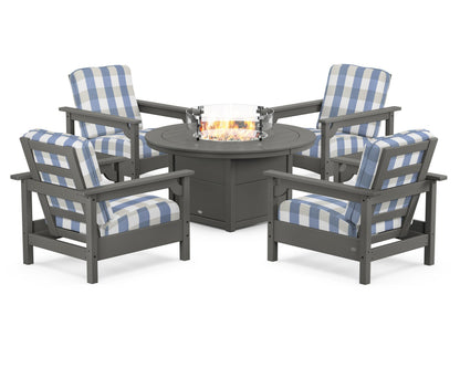 POLYWOOD® Club 5-Piece Conversation Set with Fire Pit Table in Slate Grey / Buffalo Plaid Sky Blue