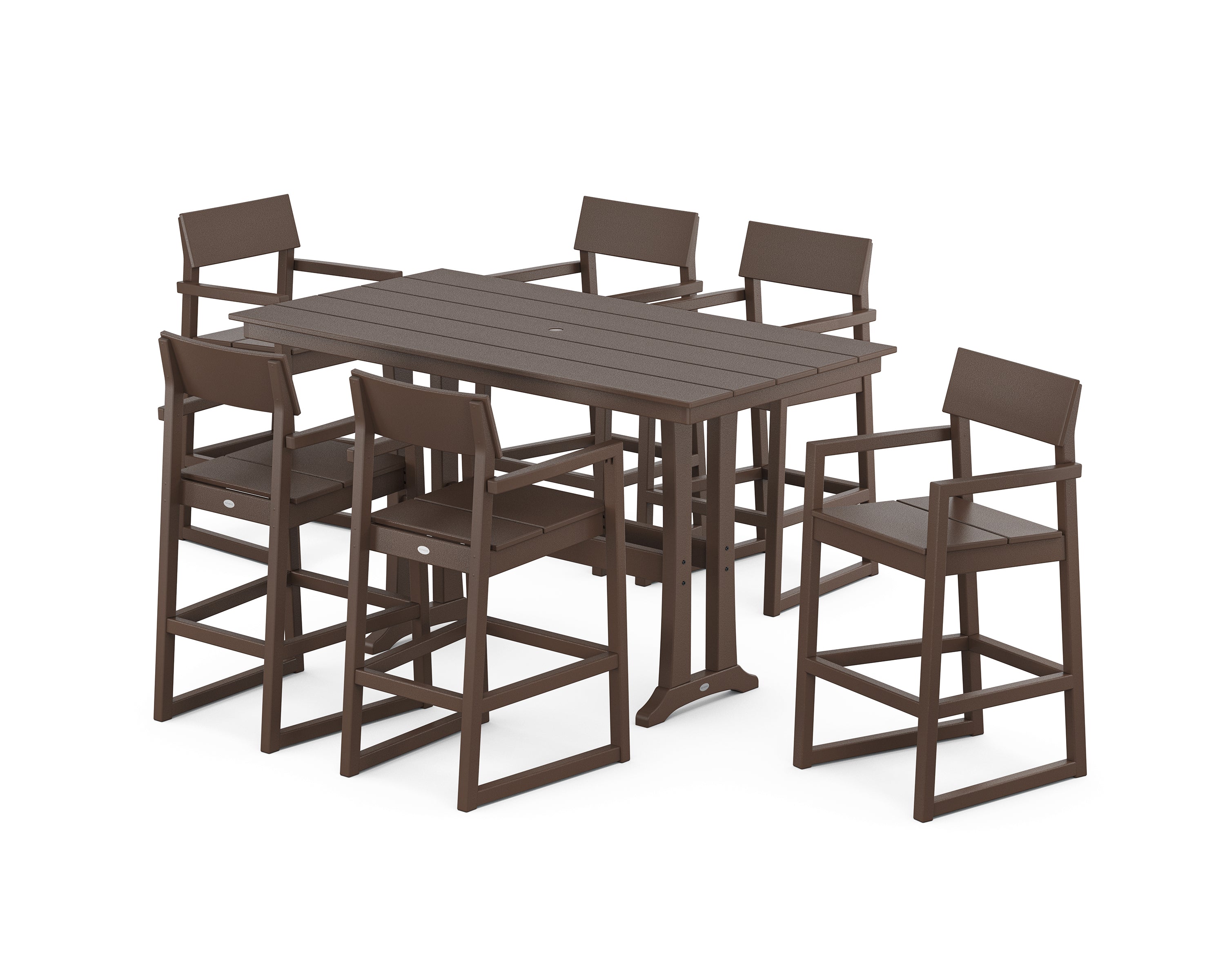POLYWOOD® EDGE Arm Chair 7-Piece Farmhouse Bar Set with Trestle Legs in Mahogany