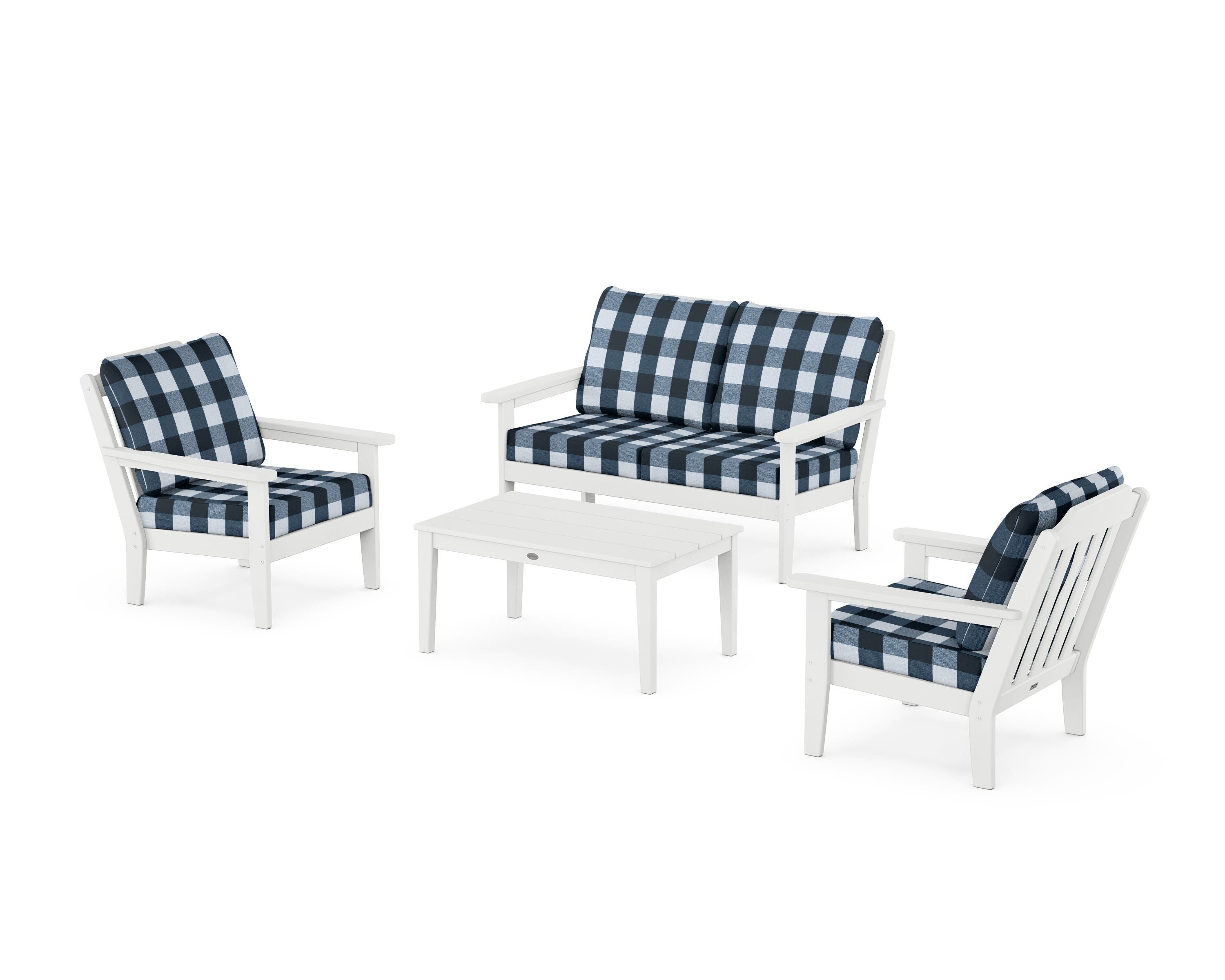Country Living Cottage 4-Piece Deep Seating Set with Loveseat in White / Buffalo Plaid Marine Indigo