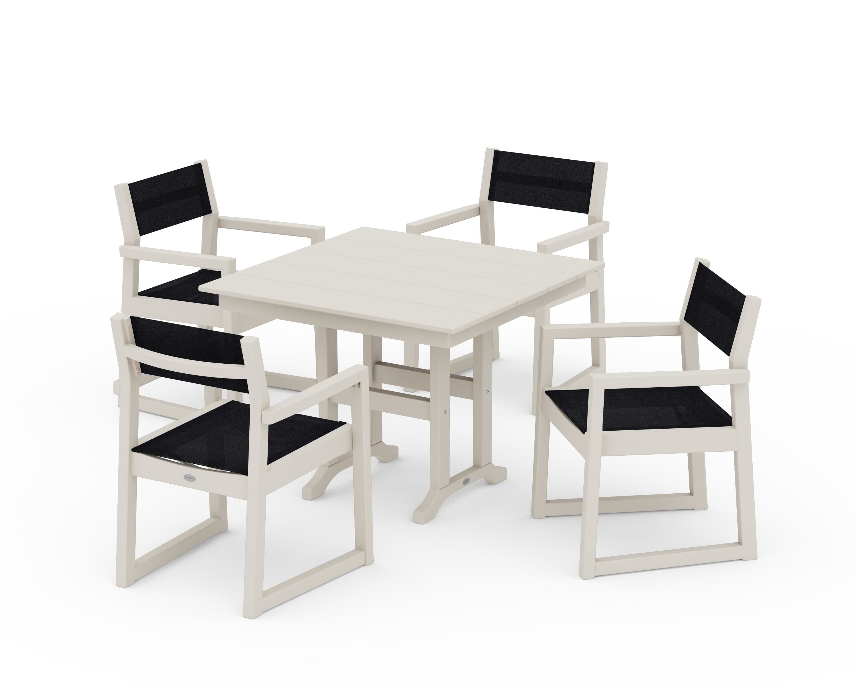 POLYWOOD® EDGE Sling Arm Chair 5-Piece Farmhouse Dining Set in Sand / Black Sling