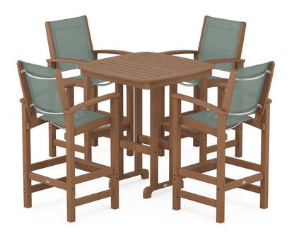 POLYWOOD® Coastal 5-Piece Bar Set in Teak / Dupioni Sea Mist Sling