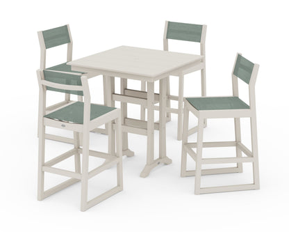 POLYWOOD® EDGE Sling Arm Chair 5-Piece Farmhouse Bar Set with Trestle Legs in Sand / Dupioni Sea Mist Sling