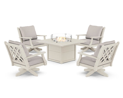 Country Living Wovendale 5-Piece Deep Seating Swivel Conversation Set with Fire Pit Table in Sand / Dune Burlap