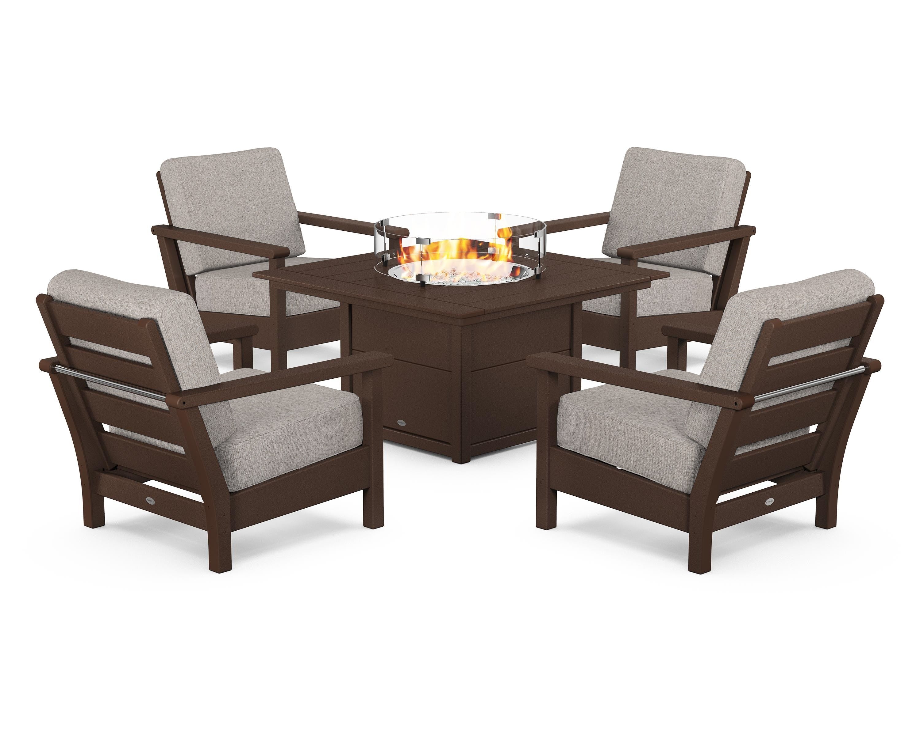POLYWOOD® Harbour 5-Piece Conversation Set with Fire Pit Table in Mahogany / Weathered Tweed