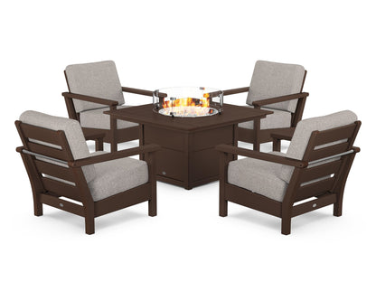 POLYWOOD® Harbour 5-Piece Conversation Set with Fire Pit Table in Mahogany / Weathered Tweed