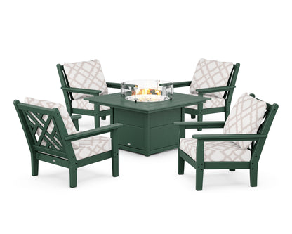 POLYWOOD® Chippendale 5-Piece Deep Seating Set with Fire Pit Table in Green / Trellis Dune Burlap
