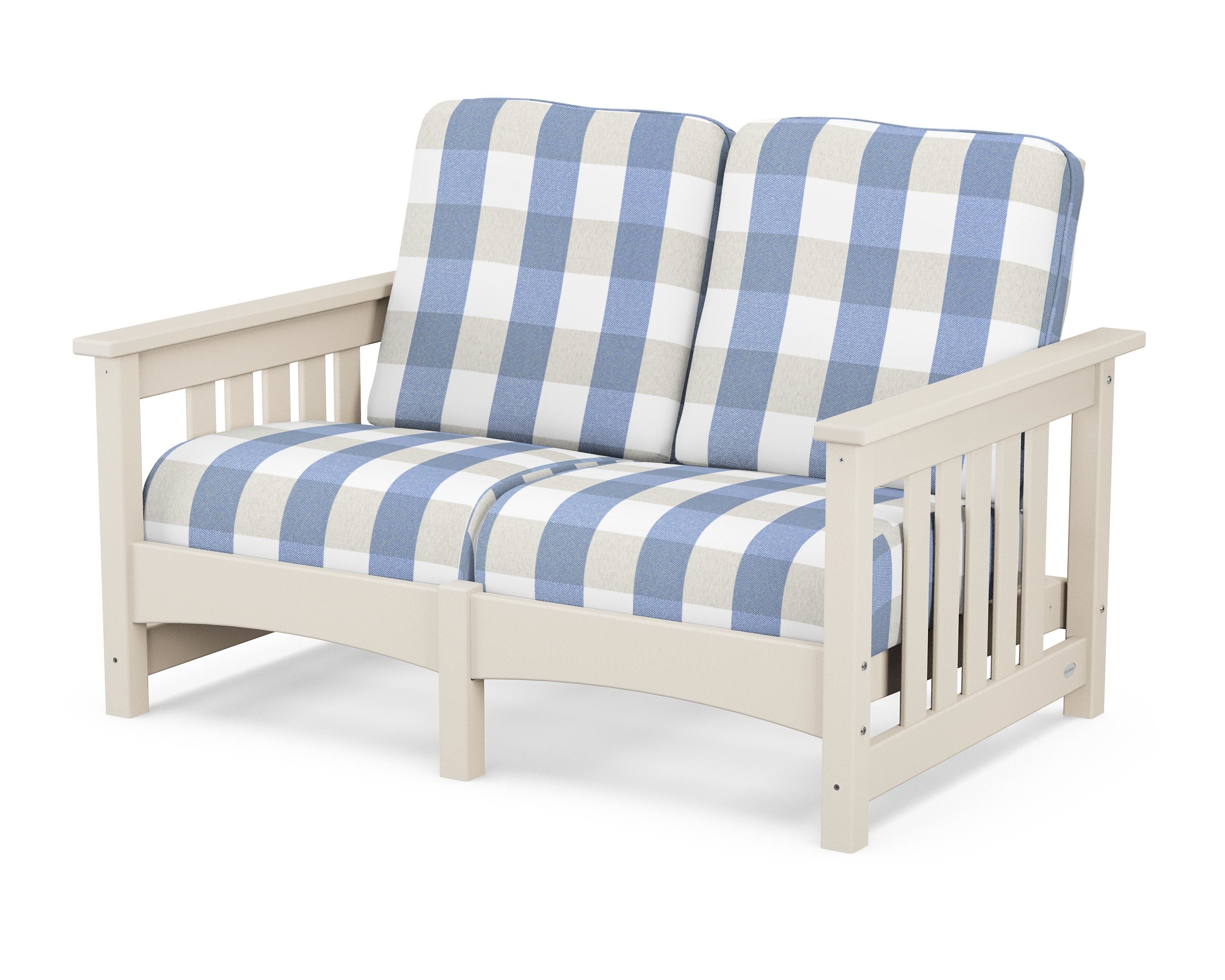 POLYWOOD® Club Mission Loveseat in Sand / Buffalo Plaid Sky Blue