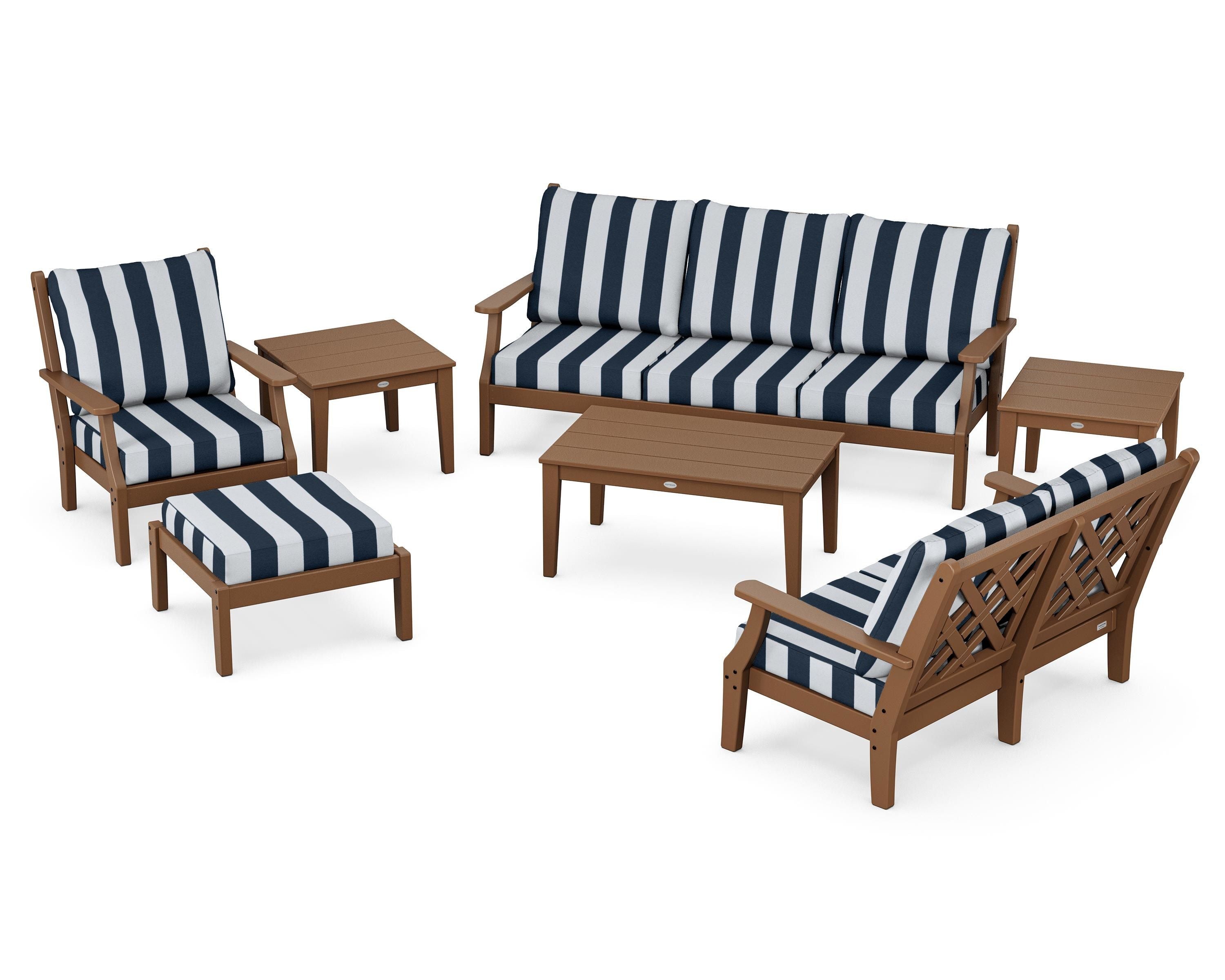 Country Living Wovendale 7-Piece Deep Seating Set in Teak / Cabana Stripe Marine Indigo