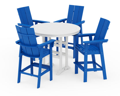 POLYWOOD® Modern Curveback Adirondack 5-Piece Nautical Trestle Bar Set in Pacific Blue / White