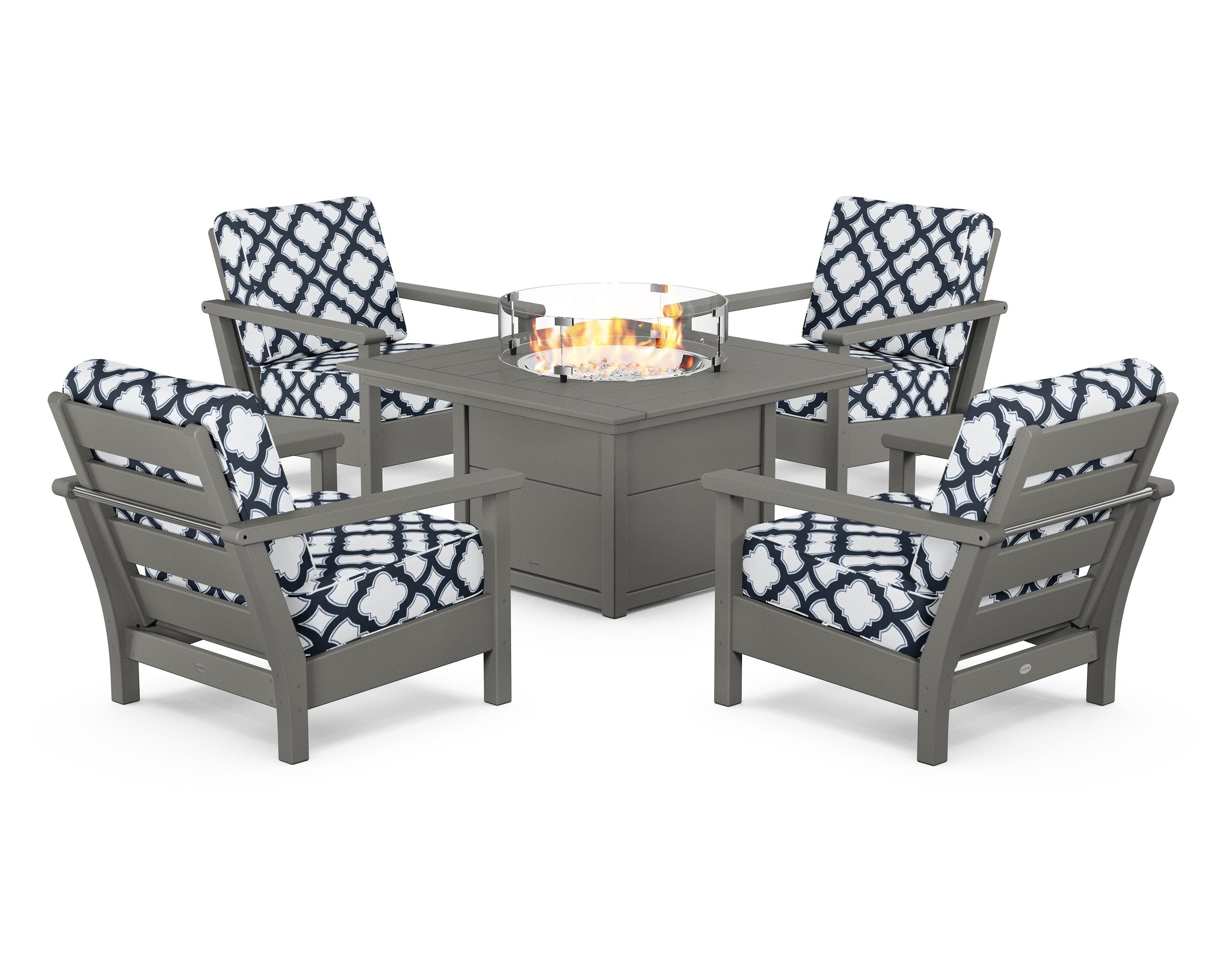 POLYWOOD® Harbour 5-Piece Conversation Set with Fire Pit Table in Slate Grey / Trellis Marine Indigo