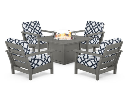 POLYWOOD® Harbour 5-Piece Conversation Set with Fire Pit Table in Slate Grey / Trellis Marine Indigo