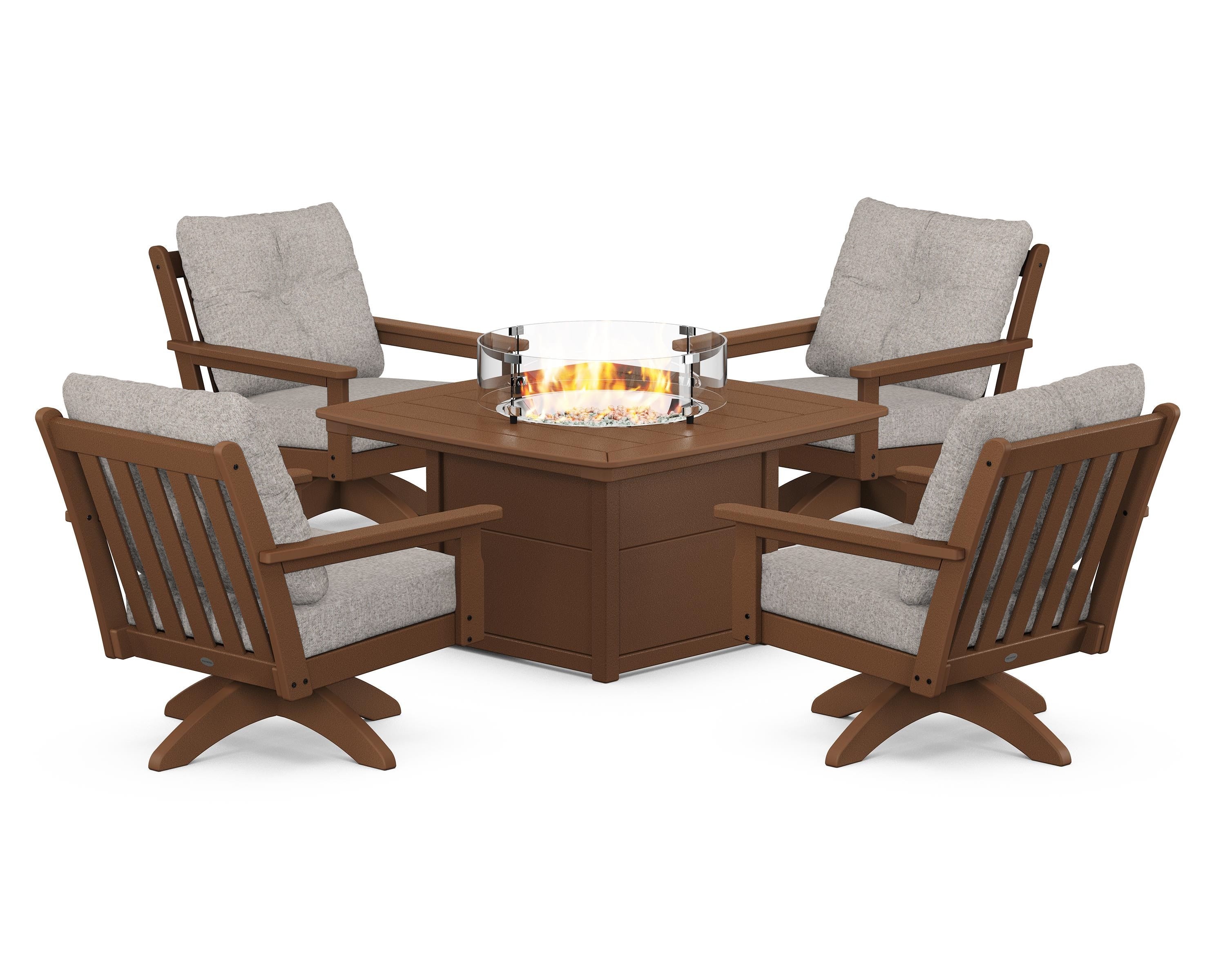 POLYWOOD® Vineyard 5-Piece Deep Seating Swivel Conversation Set with Fire Pit Table in Teak / Weathered Tweed