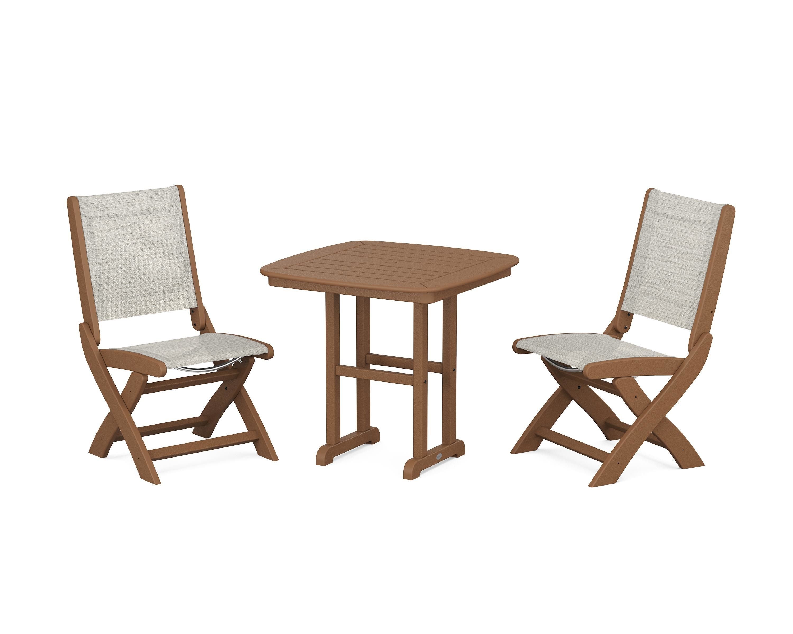 POLYWOOD® Coastal Folding Side Chair 3-Piece Dining Set in Teak / Birch Sling
