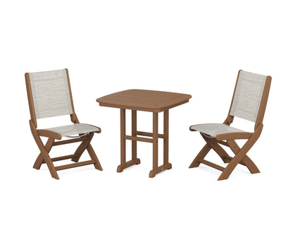POLYWOOD® Coastal Folding Side Chair 3-Piece Dining Set in Teak / Birch Sling